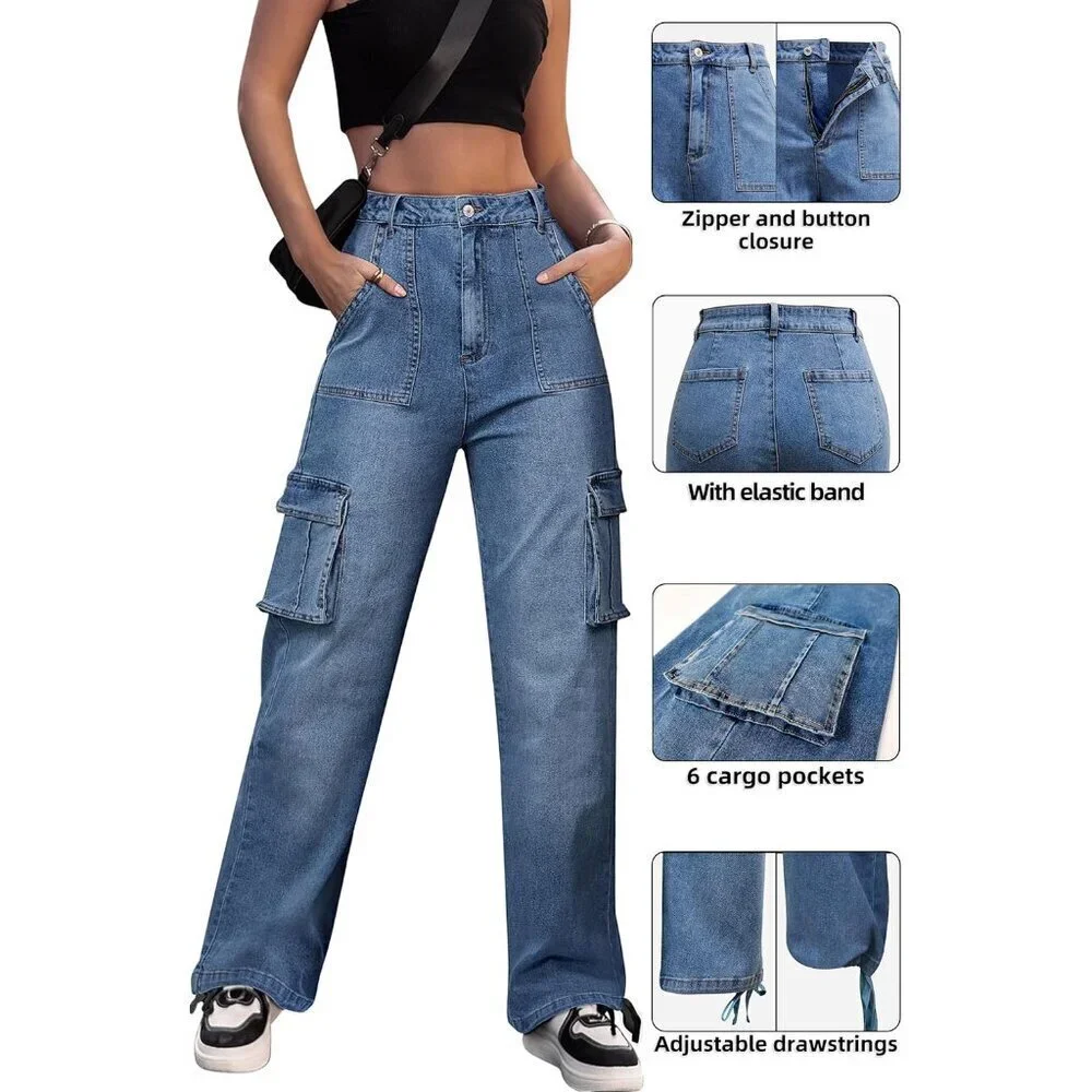 Women High Waisted Cargo Pants Denim Casual Wide Leg 6 Pockets Military